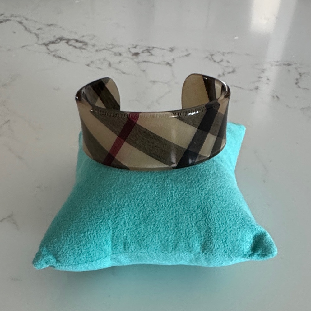 Burberry Beige Plaid Resin Cuff Bracelet with Black and Red Accents